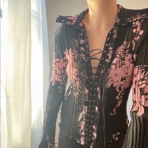 Vintage 90s Lace Up Blouse Pleated Ruffle Details